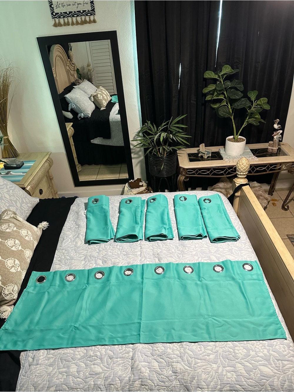 Aqua turquoise valences with grommets, six panels